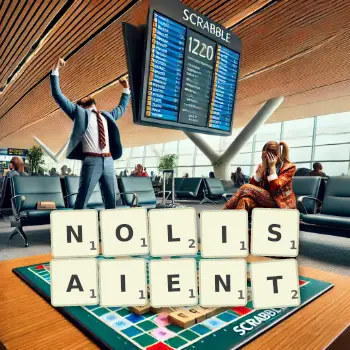 Illustration créative d'un jeu de lettres avec le mot NOLISAIENT épelé sur le plateau.