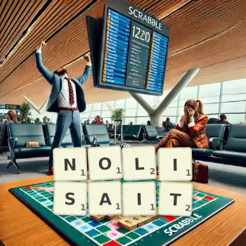 Illustration créative d'un jeu de lettres avec le mot NOLISAIT épelé sur le plateau.
