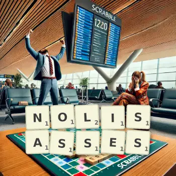 Illustration créative d'un jeu de lettres avec le mot NOLISASSES épelé sur le plateau.