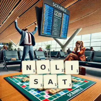 Illustration créative d'un jeu de lettres avec le mot NOLISAT épelé sur le plateau.