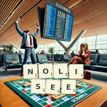 Illustration créative d'un jeu de lettres avec le mot NOLISEE épelé sur le plateau.
