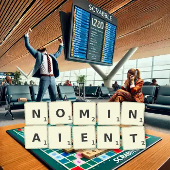 Illustration créative d'un jeu de lettres avec le mot NOMINAIENT épelé sur le plateau.