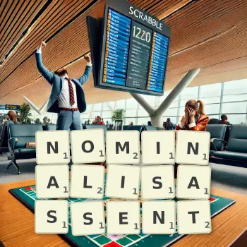 Illustration créative d'un jeu de lettres avec le mot NOMINALISASSENT épelé sur le plateau.