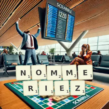 Illustration créative d'un jeu de lettres avec le mot NOMMERIEZ épelé sur le plateau.