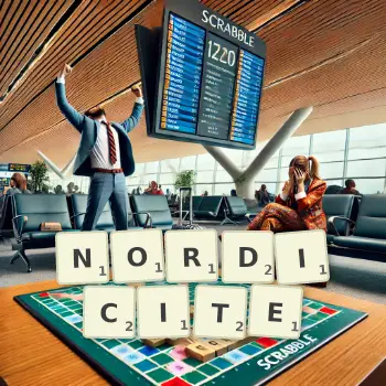 Illustration créative d'un jeu de lettres avec le mot NORDICITE épelé sur le plateau.