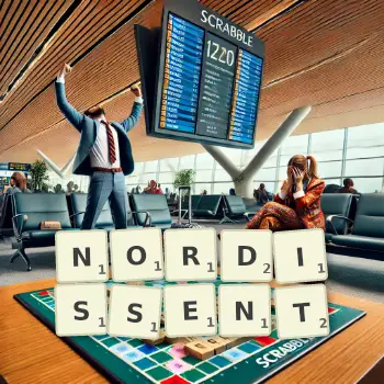 Illustration créative d'un jeu de lettres avec le mot NORDISSENT épelé sur le plateau.