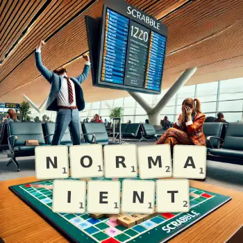 Illustration créative d'un jeu de lettres avec le mot NORMAIENT épelé sur le plateau.
