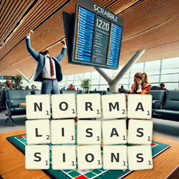 Illustration créative d'un jeu de lettres avec le mot NORMALISASSIONS épelé sur le plateau.