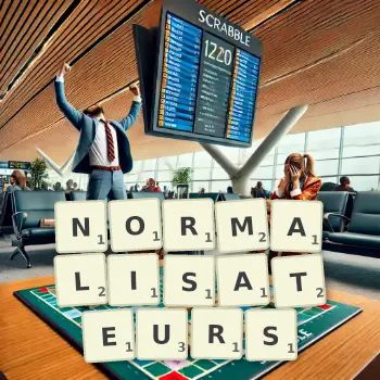 Illustration créative d'un jeu de lettres avec le mot NORMALISATEURS épelé sur le plateau.