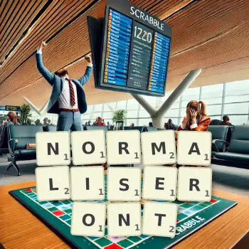 Illustration créative d'un jeu de lettres avec le mot NORMALISERONT épelé sur le plateau.