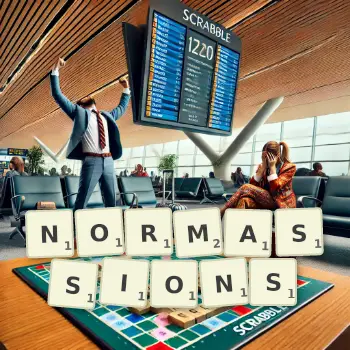 Illustration créative d'un jeu de lettres avec le mot NORMASSIONS épelé sur le plateau.