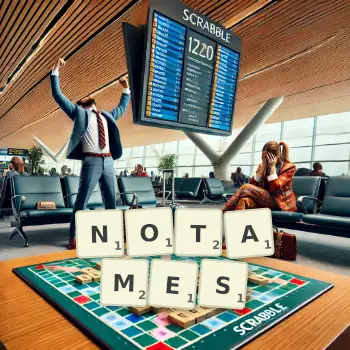Illustration créative d'un jeu de lettres avec le mot NOTAMES épelé sur le plateau.