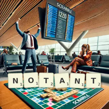 Illustration créative d'un jeu de lettres avec le mot NOTANT épelé sur le plateau.