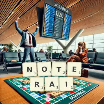 Illustration créative d'un jeu de lettres avec le mot NOTERAI épelé sur le plateau.