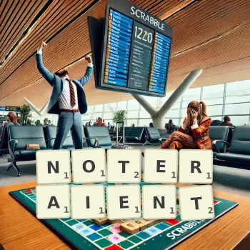 Illustration créative d'un jeu de lettres avec le mot NOTERAIENT épelé sur le plateau.