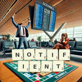 Illustration créative d'un jeu de lettres avec le mot NOTIFIENT épelé sur le plateau.
