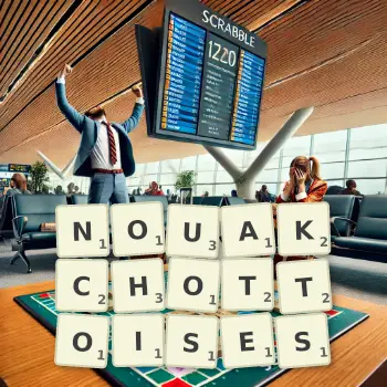 Illustration créative d'un jeu de lettres avec le mot NOUAKCHOTTOISES épelé sur le plateau.
