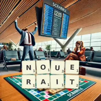 Illustration créative d'un jeu de lettres avec le mot NOUERAIT épelé sur le plateau.