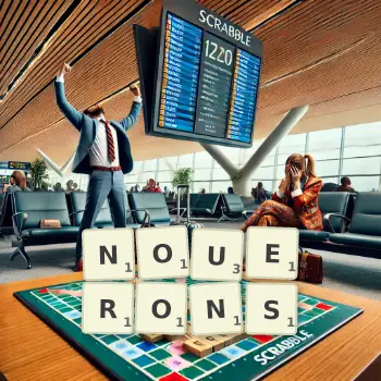 Illustration créative d'un jeu de lettres avec le mot NOUERONS épelé sur le plateau.