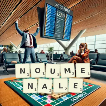 Illustration créative d'un jeu de lettres avec le mot NOUMENALE épelé sur le plateau.