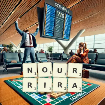 Illustration créative d'un jeu de lettres avec le mot NOURRIRA épelé sur le plateau.