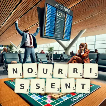 Illustration créative d'un jeu de lettres avec le mot NOURRISSENT épelé sur le plateau.
