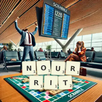 Illustration créative d'un jeu de lettres avec le mot NOURRIT épelé sur le plateau.