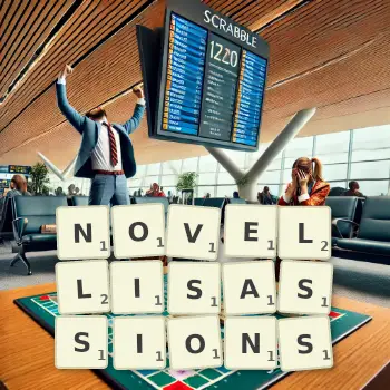 Illustration créative d'un jeu de lettres avec le mot NOVELLISASSIONS épelé sur le plateau.