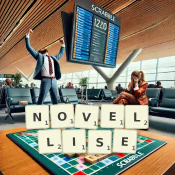 Illustration créative d'un jeu de lettres avec le mot NOVELLISE épelé sur le plateau.