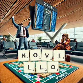 Illustration créative d'un jeu de lettres avec le mot NOVILLO épelé sur le plateau.