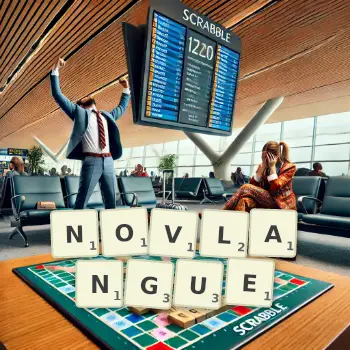 Illustration créative d'un jeu de lettres avec le mot NOVLANGUE épelé sur le plateau.