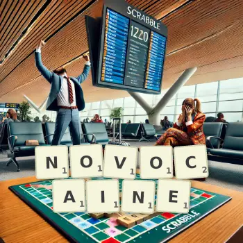 Illustration créative d'un jeu de lettres avec le mot NOVOCAINE épelé sur le plateau.
