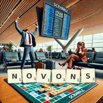 Illustration créative d'un jeu de lettres avec le mot NOVONS épelé sur le plateau.