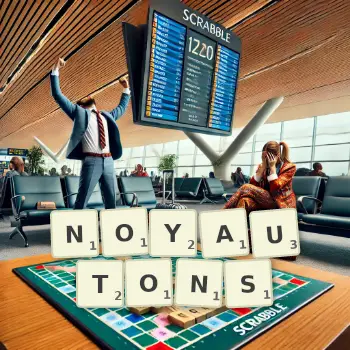 Illustration créative d'un jeu de lettres avec le mot NOYAUTONS épelé sur le plateau.