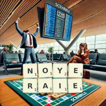 Illustration créative d'un jeu de lettres avec le mot NOYERAIE épelé sur le plateau.