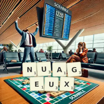 Illustration créative d'un jeu de lettres avec le mot NUAGEUX épelé sur le plateau.