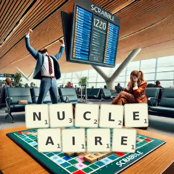 Illustration créative d'un jeu de lettres avec le mot NUCLEAIRE épelé sur le plateau.