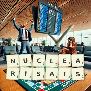 Illustration créative d'un jeu de lettres avec le mot NUCLEARISAIS épelé sur le plateau.