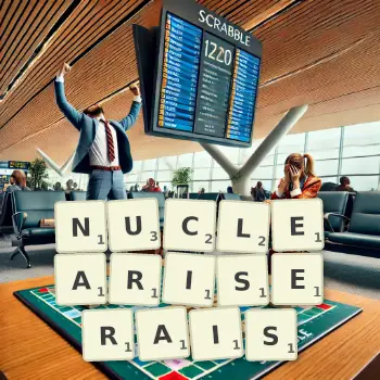 Illustration créative d'un jeu de lettres avec le mot NUCLEARISERAIS épelé sur le plateau.