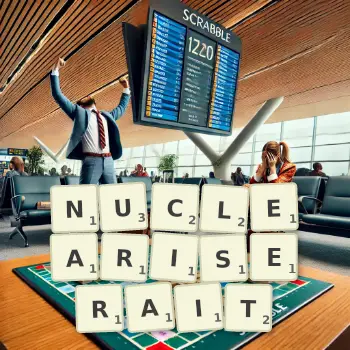 Illustration créative d'un jeu de lettres avec le mot NUCLEARISERAIT épelé sur le plateau.