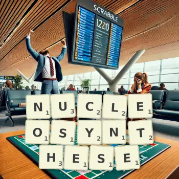 Illustration créative d'un jeu de lettres avec le mot NUCLEOSYNTHESE épelé sur le plateau.