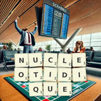 Illustration créative d'un jeu de lettres avec le mot NUCLEOTIDIQUE épelé sur le plateau.