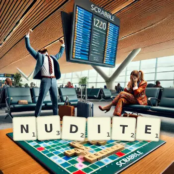 Illustration créative d'un jeu de lettres avec le mot NUDITE épelé sur le plateau.