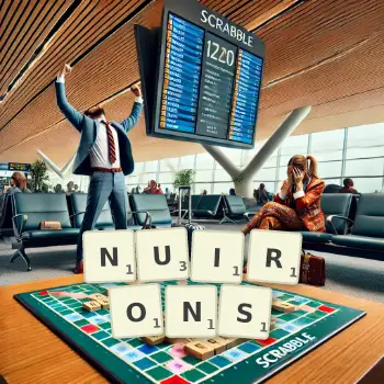 Illustration créative d'un jeu de lettres avec le mot NUIRONS épelé sur le plateau.