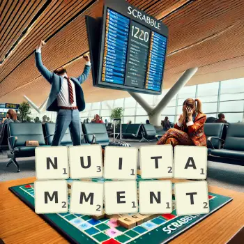 Illustration créative d'un jeu de lettres avec le mot NUITAMMENT épelé sur le plateau.