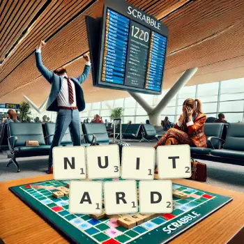 Illustration créative d'un jeu de lettres avec le mot NUITARD épelé sur le plateau.
