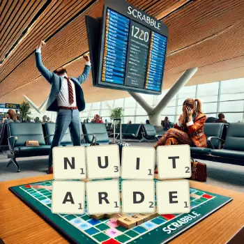 Illustration créative d'un jeu de lettres avec le mot NUITARDE épelé sur le plateau.