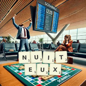 Illustration créative d'un jeu de lettres avec le mot NUITEUX épelé sur le plateau.