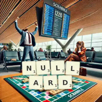 Illustration créative d'un jeu de lettres avec le mot NULLARD épelé sur le plateau.
