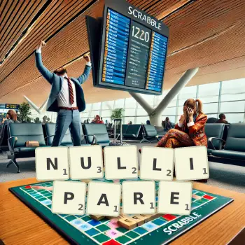 Illustration créative d'un jeu de lettres avec le mot NULLIPARE épelé sur le plateau.